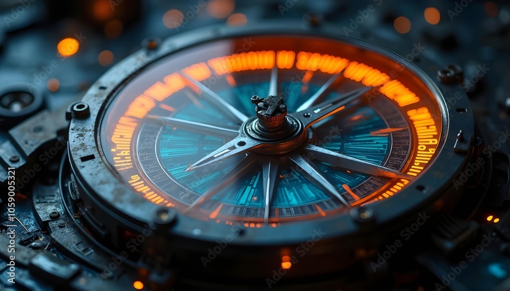 The mechanical details of the compass emit orange and blue light, The mechanical details of the compass emit orange and blue light,