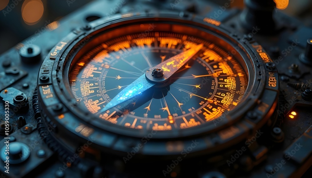 Fototapeta premium The mechanical details of the compass emit orange and blue light,