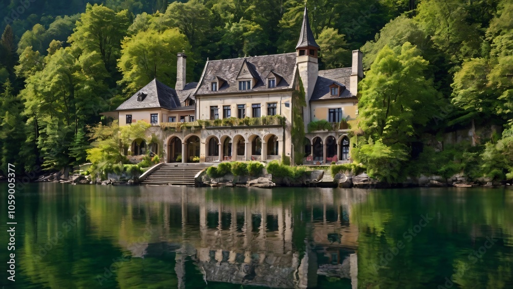 Historic Manor House Reflection on Calm Lake Water