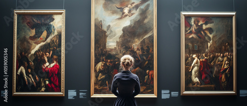 Woman admiring artwork in museum.