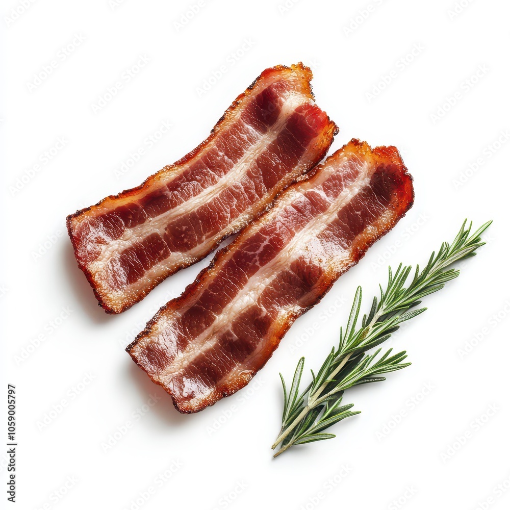 Raw smoked bacon isolated. Streaky brisket slices, fresh thin sliced bacon on white backgroundAi Generation.