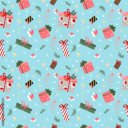 Vector winter, Christmas and New Year seamless pattern with presents or gift boxes, decorations, spruce tree branches, santa hat, bows. Seasonal celebration abstract background.
