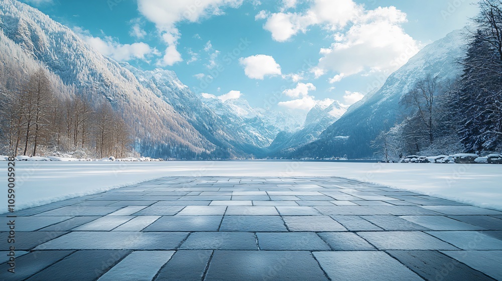 © guolin - Snowy Mountain Landscape Featuring High Peaks, Platform, Road, and Parking Area on Brick Surface for Automotive Advertisement with Blank Background © guolin - Snowy Mountain Landscape Featuring High Peaks, Platform, Road, and Parking Area on Brick Surface for Automotive Advertisement with Blank Background