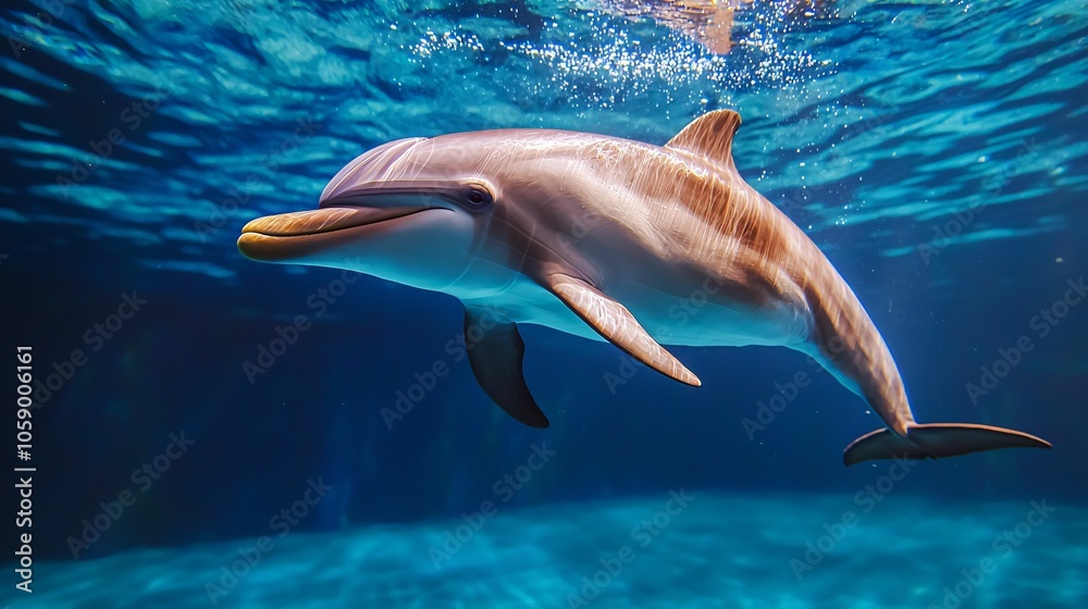 Fototapeta premium A playful dolphin swims gracefully underwater, showcasing its sleek body and bright features in a vibrant aquatic environment.