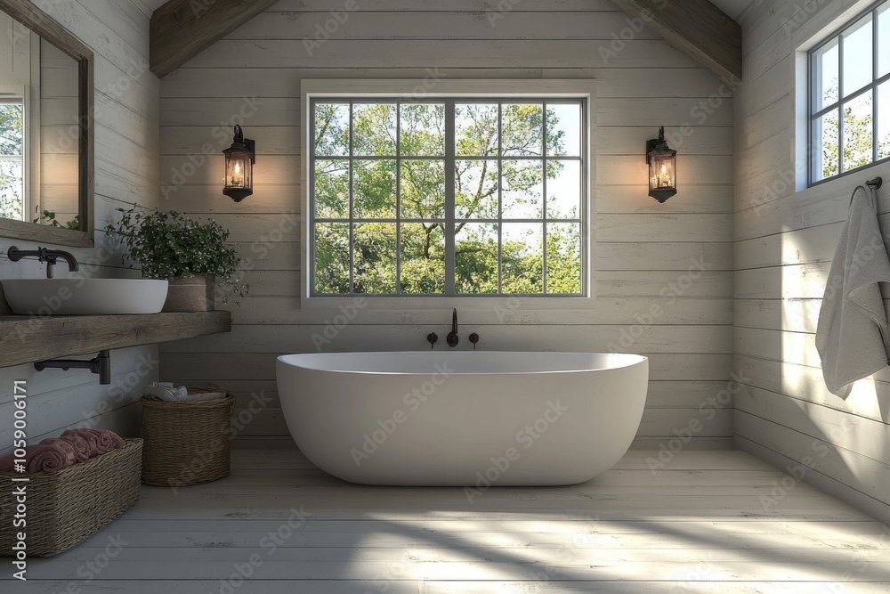Modern Farmhouse Bathroom with Freestanding Tub Wooden Walls and Natural Light Modern Farmhouse Bathroom with Freestanding Tub Wooden Walls and Natural Light
