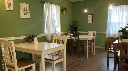 Cozy dining area with green walls, white tables, and soft lighting, creating a warm and family-friendly space for meals