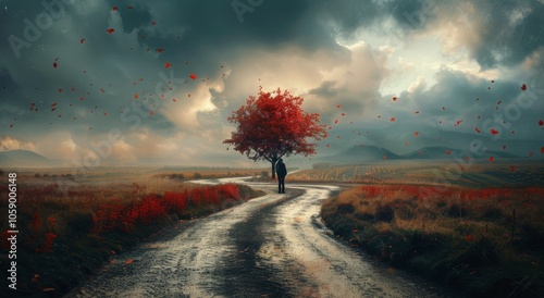 Solitary Figure Walking Down a Winding Road in a Stormy Landscape
