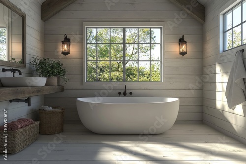 Modern Farmhouse Bathroom with Freestanding Tub Wooden Walls and Natural Light