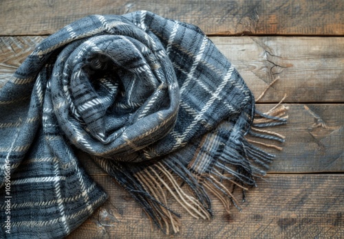 Black and Grey Plaid Scarf With Fringes on Rustic Wooden Background
