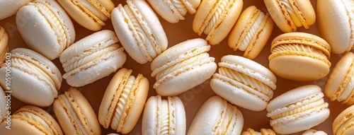 Close Up View of Golden Macarons With White Filling on a Tan Surface