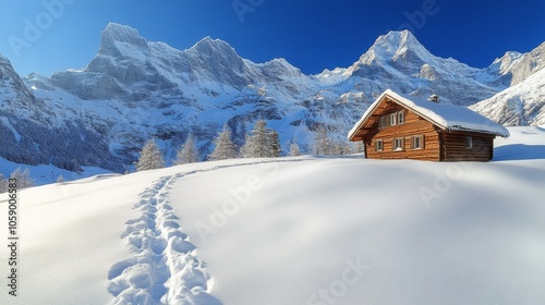 Snow-covered cabin in a serene mountain landscape during winter