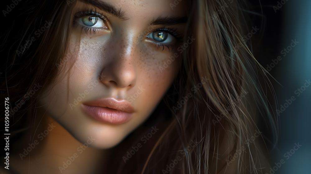 Close-Up Portrait of Woman with Freckles and Green Eyes Close-Up Portrait of Woman with Freckles and Green Eyes