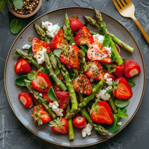 Fresh Strawberry and Asparagus Salad With Goat Cheese and Sesame Seeds