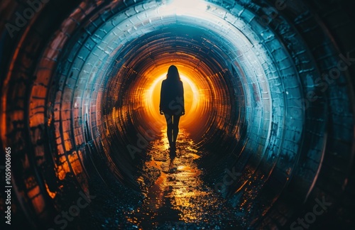 Silhouette of a Person Standing in a Dark Cave With a Light at the End