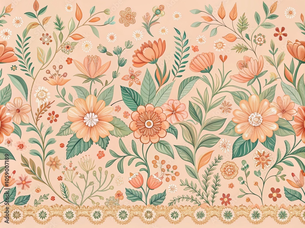 Peach Floral Folk Seamless Pattern - Light & Dreamy Border Design Peach Floral Folk Seamless Pattern - Light & Dreamy Border Design