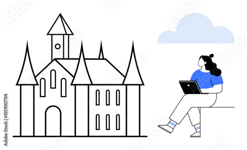 Woman with tablet sitting beside a castle, under a cloud. Ideal for education, travel, history, technology, connectivity, remote work, creativity. Line metaphor