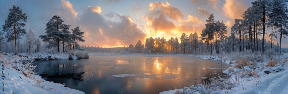Fototapeta premium Frosty Pine Trees Reflecting in Frozen River at Sunrise