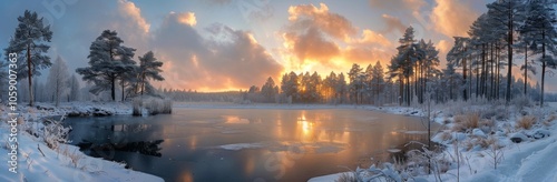 Frosty Pine Trees Reflecting in Frozen River at Sunrise