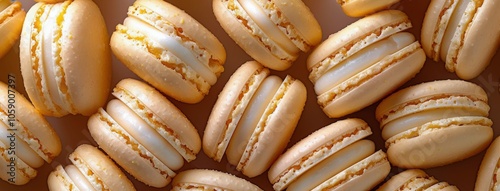 Close Up View of Golden Macarons With White Filling on a Tan Surface
