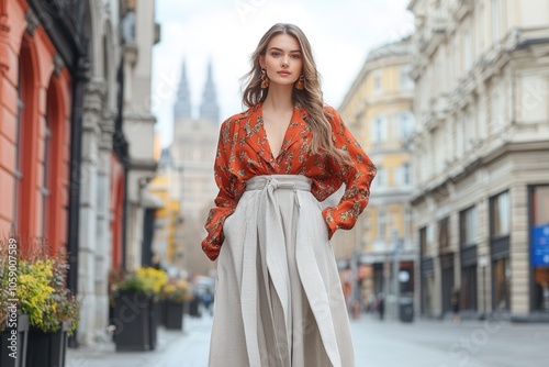 A model poses confidently in a high end avant garde outfit on a modern London street, surrounded by iconic architecture. The soft natural backlight during golden hour accentuates her look and the vibr photo