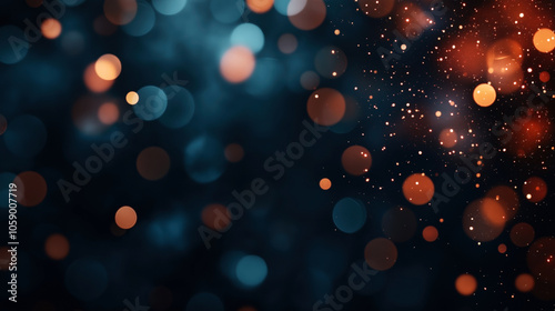 Abstract image with bokeh circles in warm orange and cool blue tones on a dark background, creating a vibrant, festive appearance with light flares and sparkling particles. photo