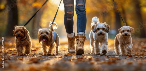 Person Walking Four Dogs on Path Through Autumn Forest