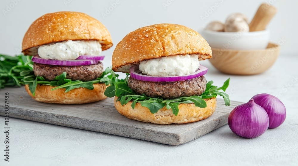 Two juicy beef burgers with red onion, arugula, and creamy cheese on a rustic wooden board. Two juicy beef burgers with red onion, arugula, and creamy cheese on a rustic wooden board.