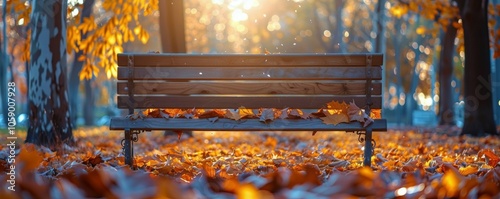 Empty Bench In Autumn Forest During Sunset