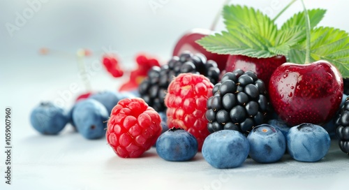 Blackberries and Raspberries on White Background