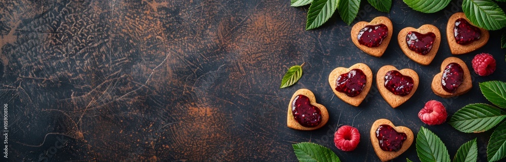 Heart Shaped Raspberry Jam Cookies On Black Background