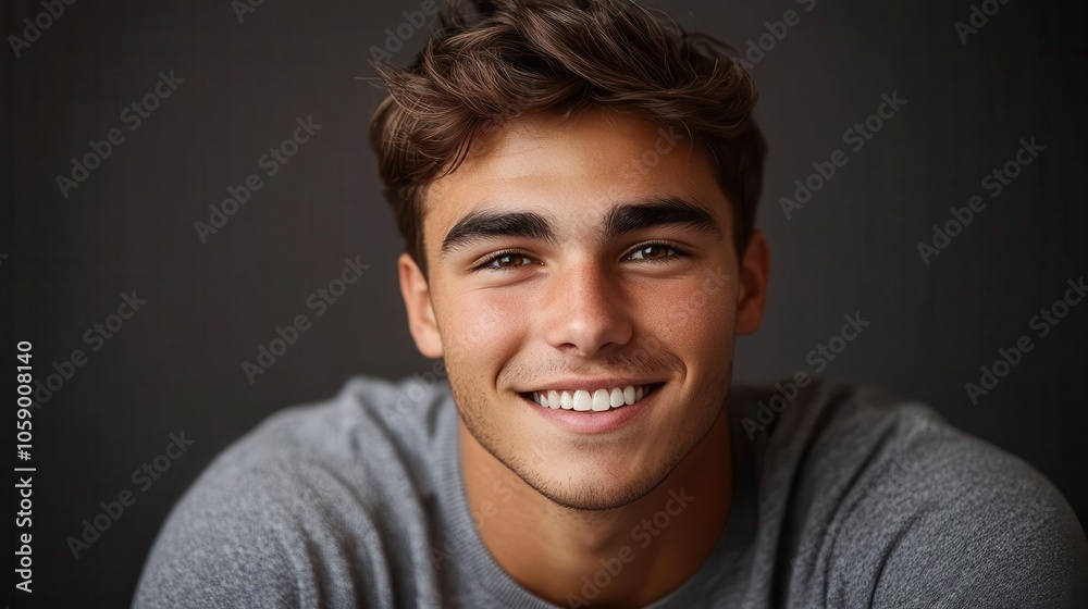 Fototapeta premium professional portrait of a handsome young man with a bright smile and perfect teeth, captured in a studio setting, exuding confidence and charm, ideal for advertising and web design purposes