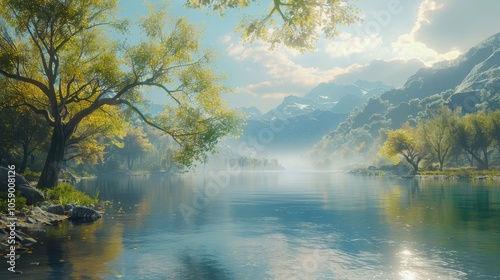 Tranquil scenery with gentle river, calm lake, warm sunlight, and misty mountains in the backdrop