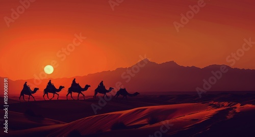 Camel Caravan Silhouette Against a Red Sunset in the Desert