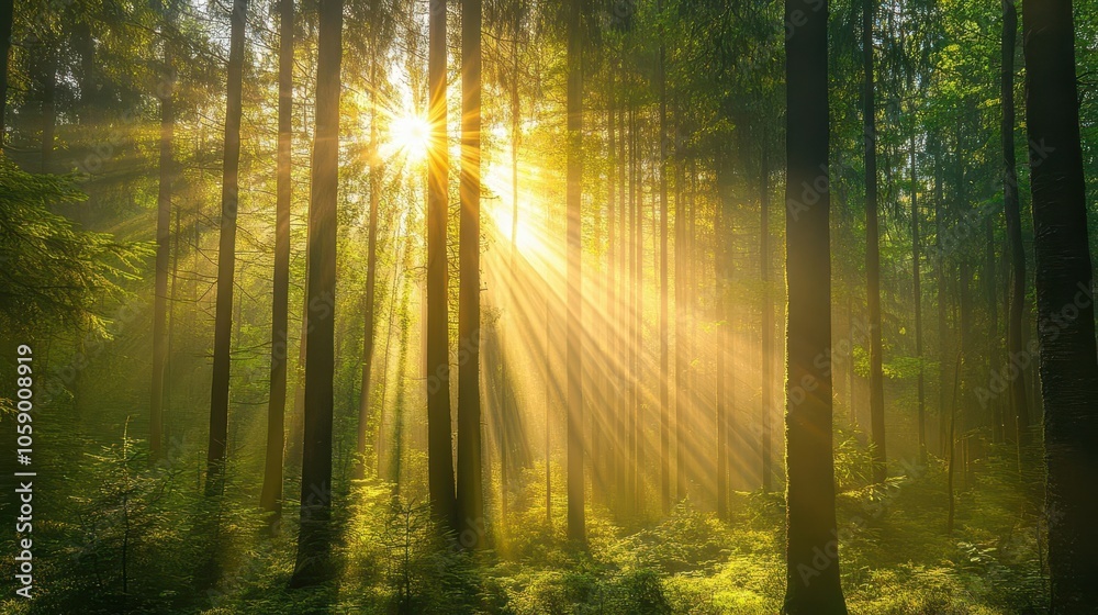 Obraz premium radiant light streams through a dense forest, illuminating the vibrant foliage in an ethereal glow. sunbeams create a magical atmosphere filled with deep greens and soft golds