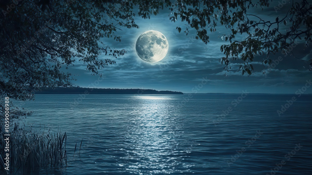 radiant night sky filled with brilliance of a full moon reflecting over tranquil water, casting silver hues on the surface, evoking serenity and peace radiant night sky filled with brilliance of a full moon reflecting over tranquil water, casting silver hues on the surface, evoking serenity and peace