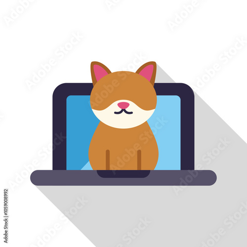 Brown cat appearing from laptop screen, working from home concept