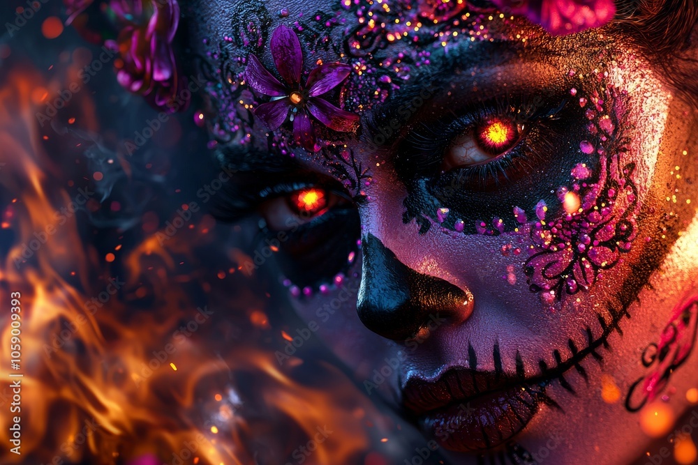 Close-Up of Woman with Sugar Skull Makeup and Fiery Eyes, Surrounded by Flames for Day of the Dead Close-Up of Woman with Sugar Skull Makeup and Fiery Eyes, Surrounded by Flames for Day of the Dead