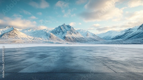Snowy Mountain Landscape Featuring High Peaks, Platform, Road, and Parking Area on Brick Surface for Automotive Advertisement with Blank Background