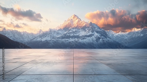 Snowy Mountain Landscape Featuring High Peaks, Platform, Road, and Parking Area on Brick Surface for Automotive Advertisement with Blank Background