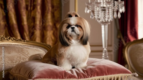 Elegant decor pampered plush pillow cute small dog Shih Tzu dog pet luxury fluffy styled coat