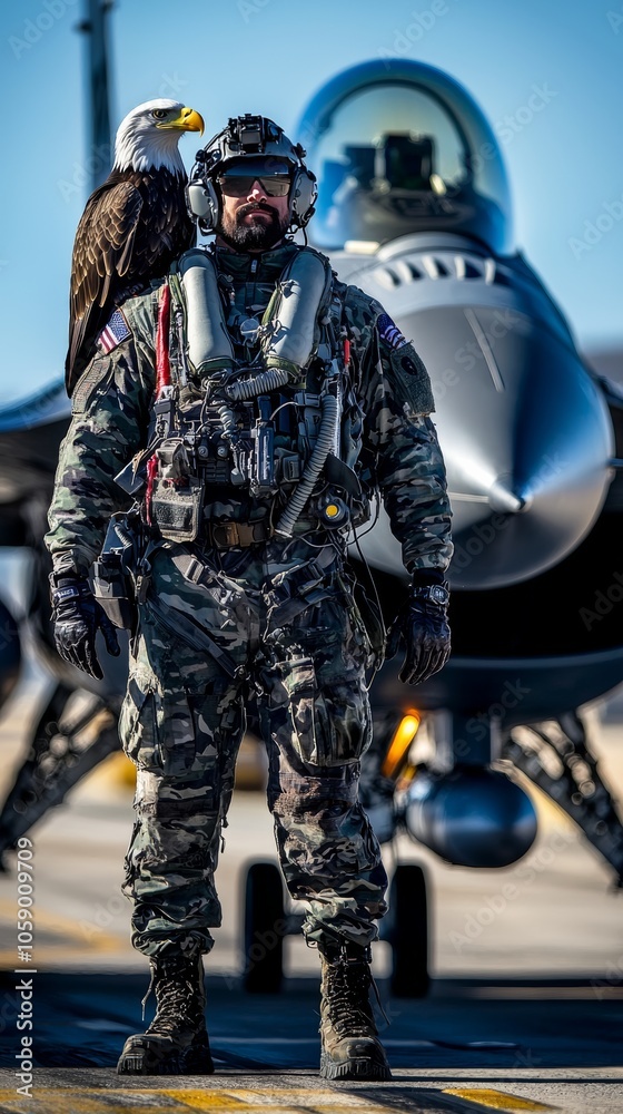 Fototapeta premium American Warrior with Bald Eagle and Fighter Jet, Symbolizing Strength and Freedom