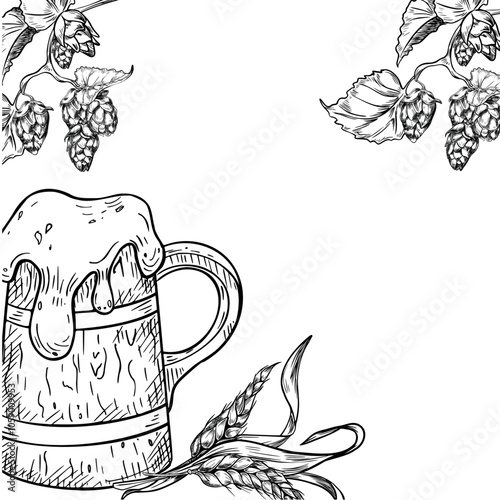 Wooden beer mug and bunch of wheat ears black white border isolated on white. Frame of tankard with foam beer and hops vector frame hand drawn for design label, banner, menu, packaging, Oktoberfest.