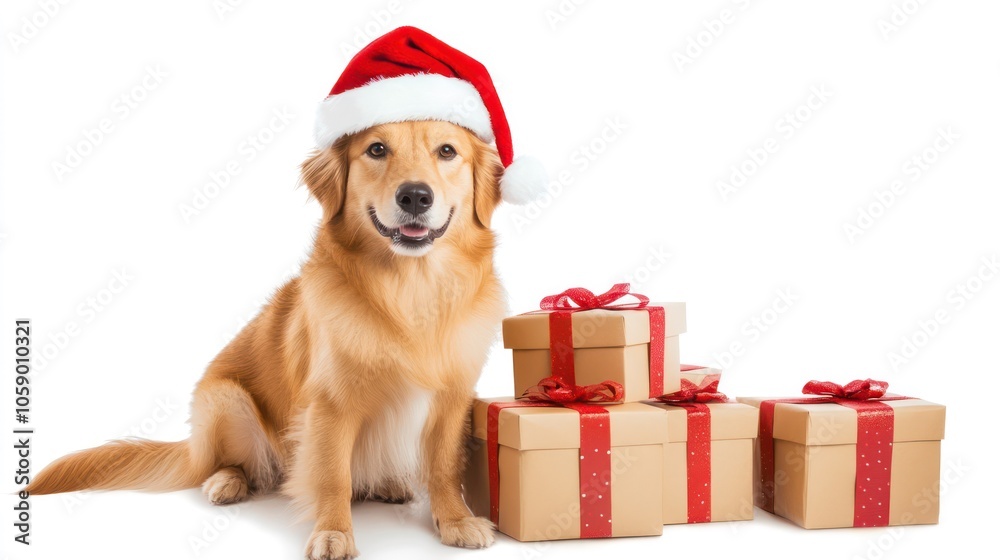 Golden Puppy in Santa Hat Delightfully Playing with a Holiday Gift Box in a Festive Room.