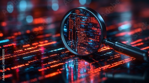 A detailed IT Security Risk Assessment concept is depicted in an abstract technology environment featuring a magnifying glass.