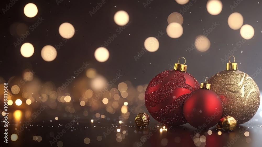 Festive Red and Gold Christmas Ornaments with Bokeh Lights Festive Red and Gold Christmas Ornaments with Bokeh Lights