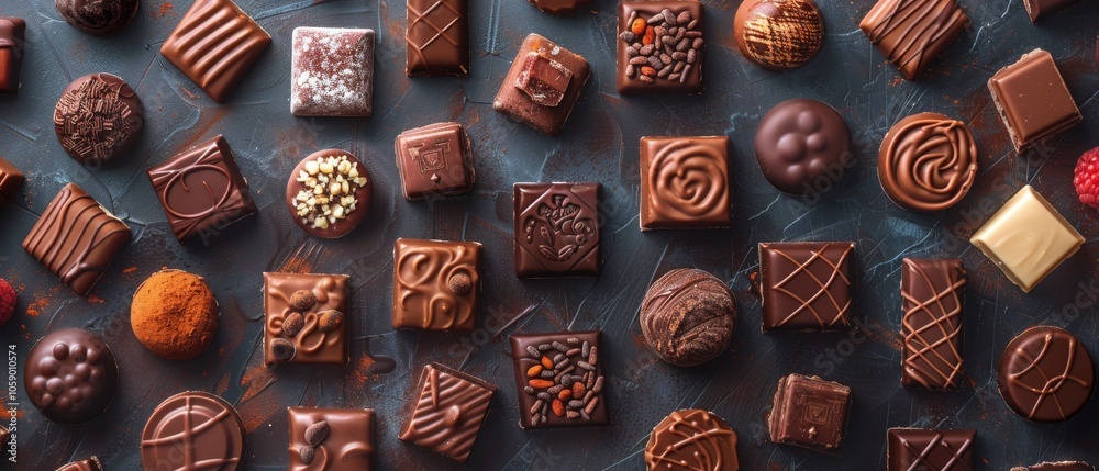 Assortment of Gourmet Chocolate Candies Arranged on a Dark Surface Assortment of Gourmet Chocolate Candies Arranged on a Dark Surface