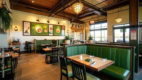 Fresh, inviting restaurant with a green and white theme, cozy seating, and warm lighting, perfect for family gatherings and casual dining