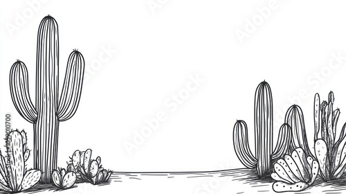 Hand-Drawn Illustration of Cacti in a Desert Landscape