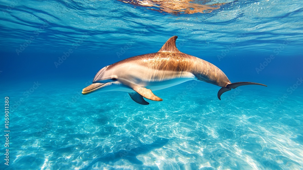 Obraz premium A dolphin gracefully swims through crystal-clear ocean waters, showcasing its streamlined body and playful nature beneath the surface.