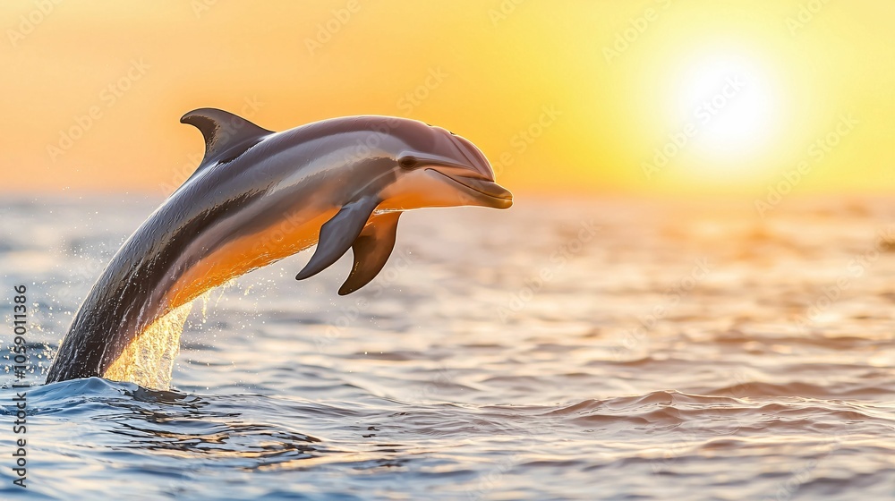 Fototapeta premium A dolphin leaps out of the water against a vibrant sunset, creating a stunning scene of nature's beauty.